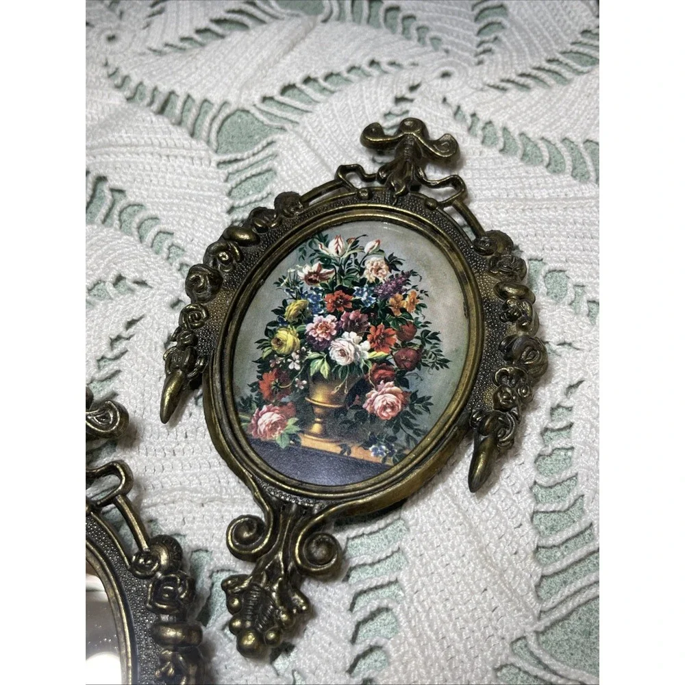 Vintage Victorian Brass Ornate Frames Floral Art and Mirrors Italy Set of 3